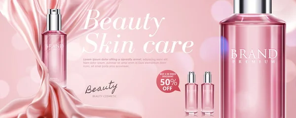 Elegante Kosmetikwerbung Mit Sprühflasche Auf Glitzerndem Rosa Hintergrund Chiffonstoff Illustration — Stockvektor