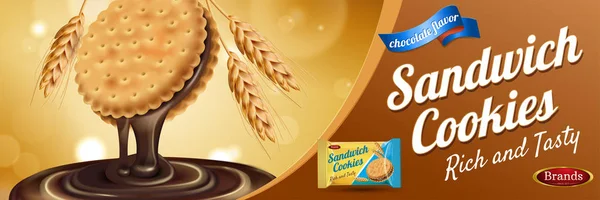 Chocolade Broodje Cookie Advertenties Met Druipende Saus Tarwe Achtergrond Bokeh — Stockvector