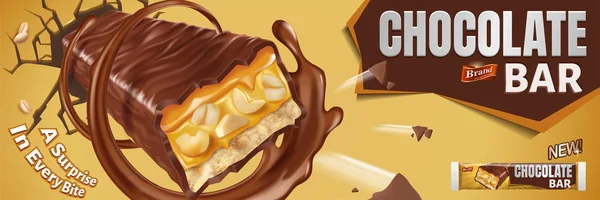 巧克力酒吧飞出从崩溃墙壁与焦糖和坚果馅料在3D — 图库矢量图片