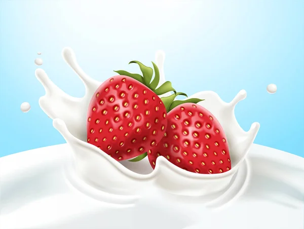 Φράουλες Σταγόνες Στο Γάλα Στην Τρισδιάστατη Απεικόνιση Μπλε Φόντο — Διανυσματικό Αρχείο