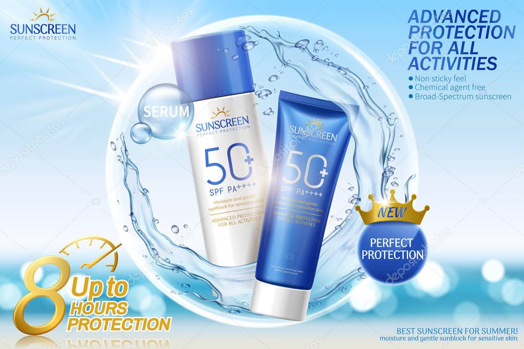 Sunscreen spray and cream set with watery slpashing liquid on glitter blue background in 3d illustration