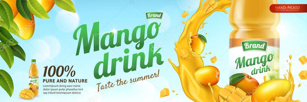 Mango Juice Plastic Bottle Fresh Fruit Swirling Liquid Illustration Blue Stock Vector