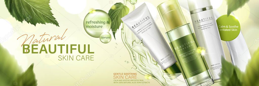 Natural skin care products in green with flying leaves and liquid on bokeh background in 3d illustration