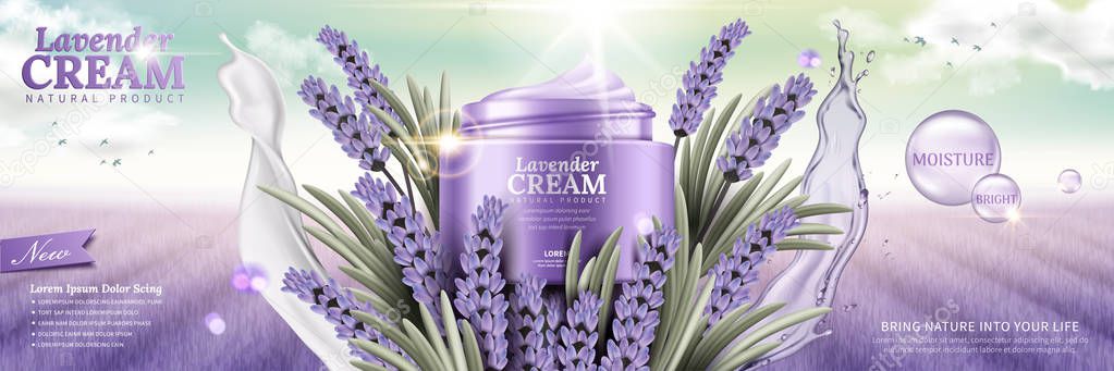 Lavender cream with flowers and splashing liquids leaves on purple field background in 3d illustration