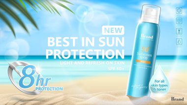 Güneş koruyucu sprey reklamları resort beach 3d çizimde, uzun süreli koruma