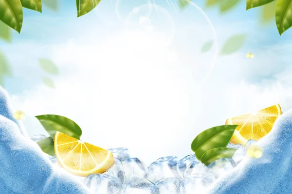 Zitrone Mit Eiswürfeln Erfrischenden Hintergrund Illustration Mit Grünen Blättern — Stockvektor
