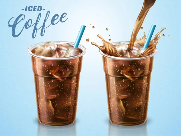 冷煮咖啡外卖杯与液体倒入容器3D 蓝色背景 — 图库矢量图片