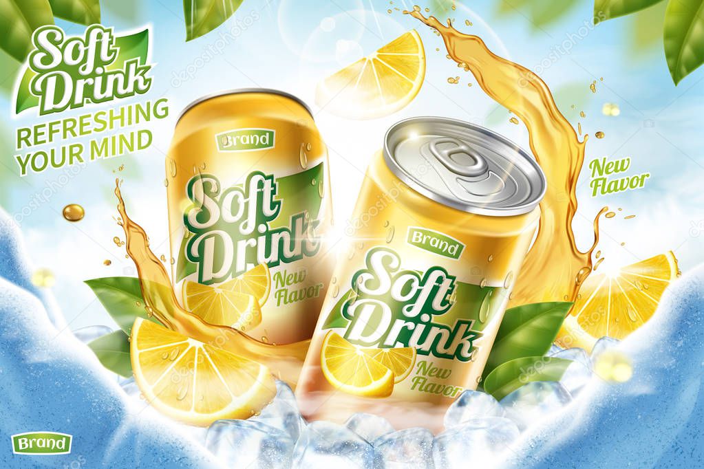 Cool soft drink ad with ice cubes and splashing juice in 3d illustration, green leaves and ice cave background