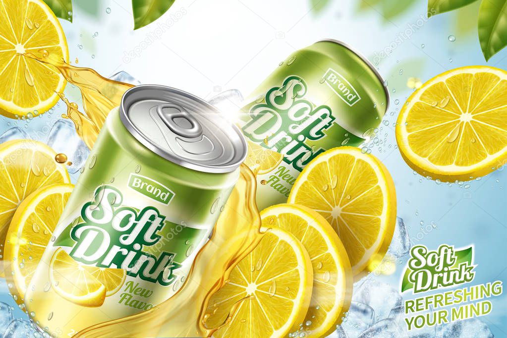 Cool soft drink ad with sliced fruit and splashing juice in 3d illustration, green leaves bokeh background