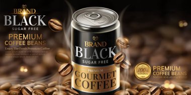Sigorta primi siyah fasulye arka planda 3d resim reklamlarla kahve konserve
