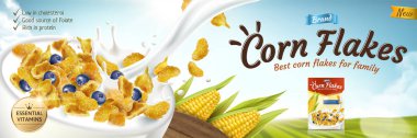 3d çizim, yeşil bokeh alan arka planda kasenin içine dökülen süt ile lezzetli mısır gevreği reklam