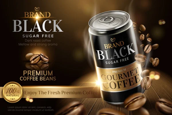 Café Enlatado Negro Premium Con Granos Girando Alrededor Ilustración Mesa — Vector de stock