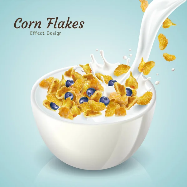 Corn Flakes Med Blåbär Och Mjölk Hälla Ner Skålen Illustration — Stock vektor