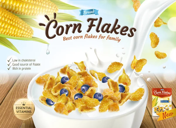 Delicious Corn Flakes Milk Pouring Bowl Illustration Glitter Bokeh Background — Stock Vector
