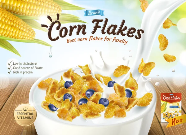 Lahodné Corn Flakes Mlékem Nalil Mísy Ukázce Glitter Bokeh Pozadí — Stockový vektor