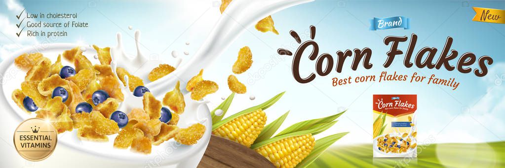 Delicious corn flakes ad with milk pouring into bowl in 3d illustration, green bokeh field background