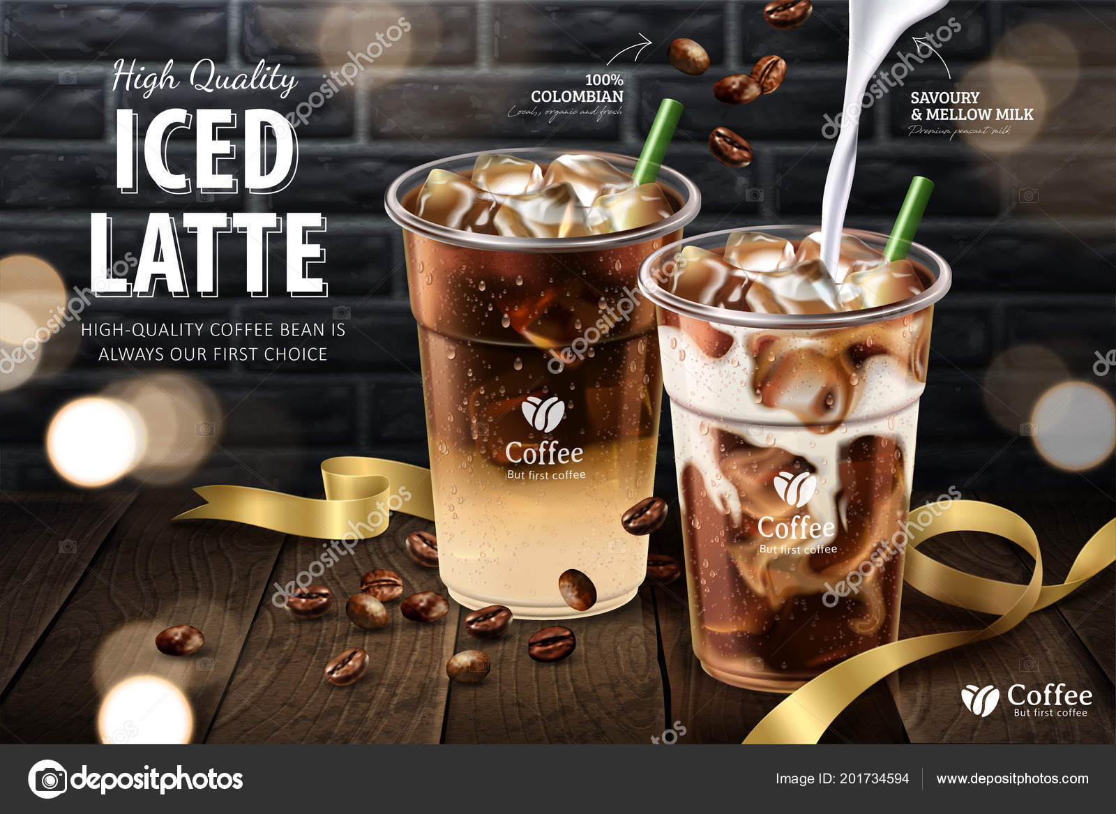 Iced Latte Takeaway Cup Wooden Plank Grey Brick Wall Background