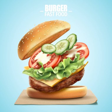 Deluxe Kral burger 3d resimde lezzetli soslar, lokanta tasarım öğesi üzerinde mavi arka plan ile