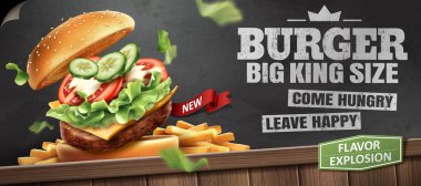 Deluxe Kral burger reklamlar blackboard arka planda 3d çizim üzerinde lezzetli soslar ile