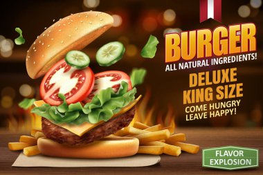 Deluxe Kral burger reklamlar üzerinde bokeh arka planda 3d çizim, lezzetli Topingler ile ateş yemek arkasına efekti