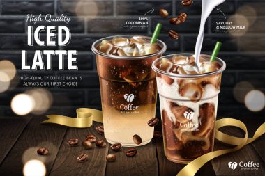Paket servisi olan restoran Kupası Ahşap tahta ve gri tuğla duvar arka plan, 3d çizim buzlu latte