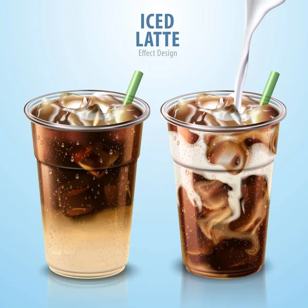 Iced Latte Mockup Set Milk Pouring Illustration — Stock Vector