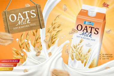 Yulaf reklamlar karton konteyner ve tahıl etkisi uçan 3d resimde sıçramasına mellow süt süt