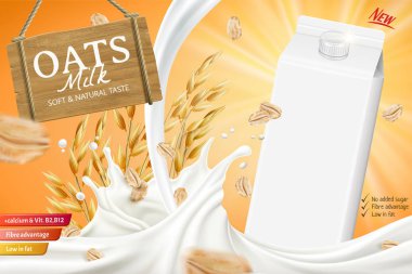 3d resimde yulaf sütü reklamları dönen sıvı ve boş karton kutu