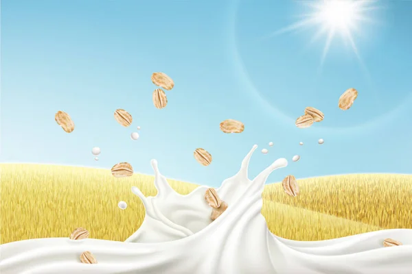 Splashing Mellow Milk Cereals Front Golden Field Illustration Natural Background — Stock Vector