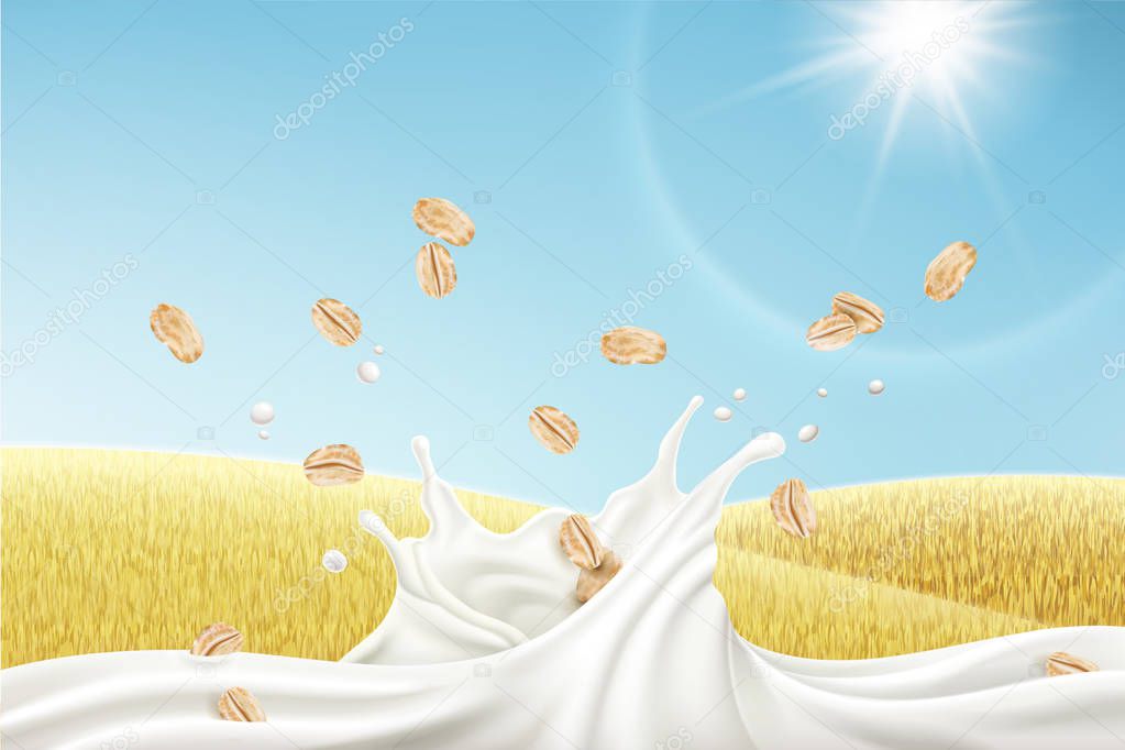 Splashing mellow milk with cereals in front of golden field in 3d illustration, natural background