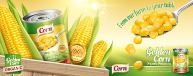 Bir kaşık mısır çekirdekleri ve teneke kutu bokeh alan arka planda 3d çizim üzerinde Mısır reklamları organik konserve