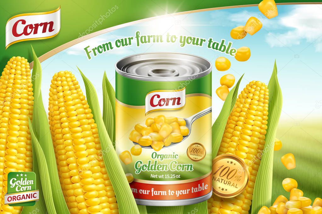 Organic canned corn ads with maize kernels and tin can on bokeh green field background in 3d illustration