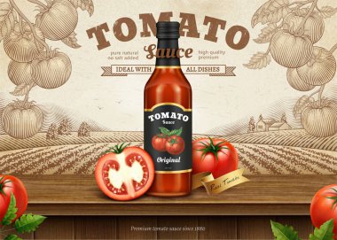 Gravür tarzı domates orchard arka plan üzerinde 3d çizim paket ketçap retro reklamlarla