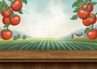 3d çizim ahşap masa ve oyulmuş alan sahne, kopya alanı tasarımı için domates orchard arka plan