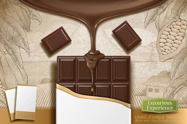 Illustrazione Cioccolato Bar Con Pacchetto Vuoto Sfondo Cacao Incisione Retrò — Vettoriale Stock