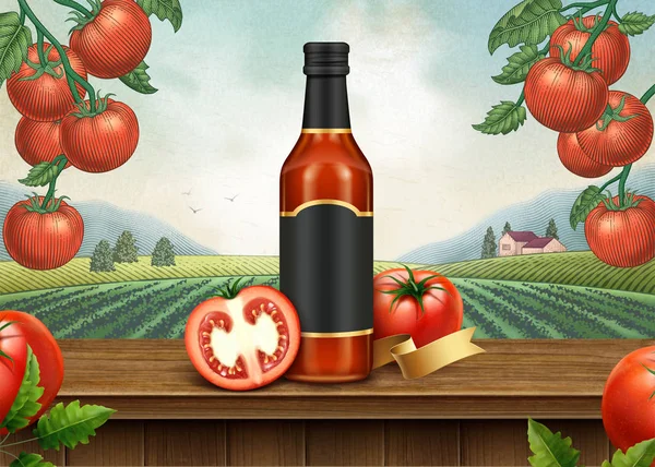 Anuncios Retro Ketchup Con Ilustración Paquete Blanco Estilo Grabado Tomate — Vector de stock