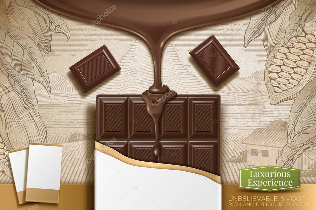 3d illustration chocolate bar with blank package on retro engraving cocoa background