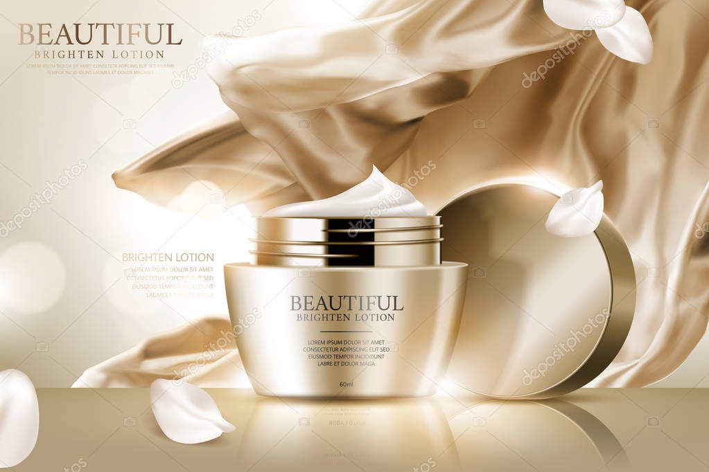 Face cream ads with golden color smooth satin and white petals in 3d illustration