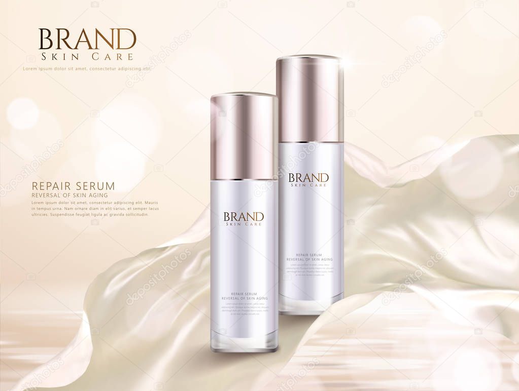 Repair serum ads with pearl white flowing satin on glitter background in 3d illustration