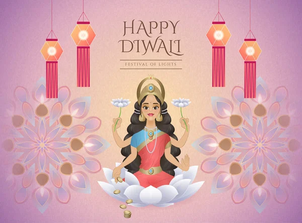 Joyeux Design Diwali Avec Déesse Lakshmi Assis Sur Lotus Blanc — Image vectorielle