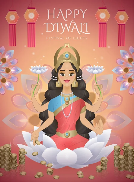 Design Diwali Feliz Com Deusa Lakshmi Sentado Lótus Branco Cercado — Vetor de Stock