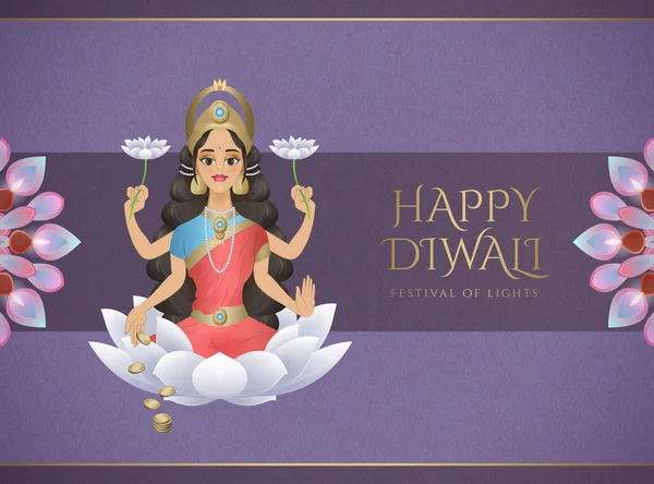 Happy Diwali Design Med Gudinnan Lakshmi Sittande Vit Lotus Lila — Stock vektor