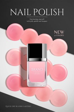 Moda tırnak vernik poster ile düz lay pembe sıvı ve cam şişede