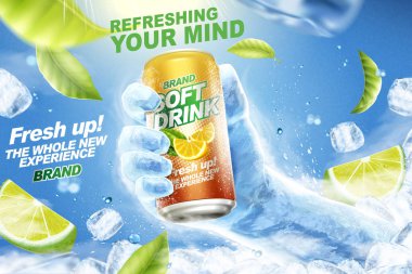 Limon, yeşil yaprakları ve buz küpleri uçan 3d resimde serinletici alkolsüz içecek reklamları içecek kapma buz el ile yapabilirsiniz