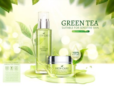 Yeşil çay Cilt Bakımı reklamlar bokeh arka plan parlak 3d resimde krem kavanoz ve sprey şişeyle