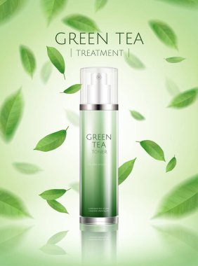 Yeşil çay sprey toner reklamlar ile 3d çizim havada uçan yaprakları yenileniyor