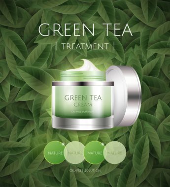 Yeşil çay yaprakları arka planda 3d çizim krem kavanoz reklamları