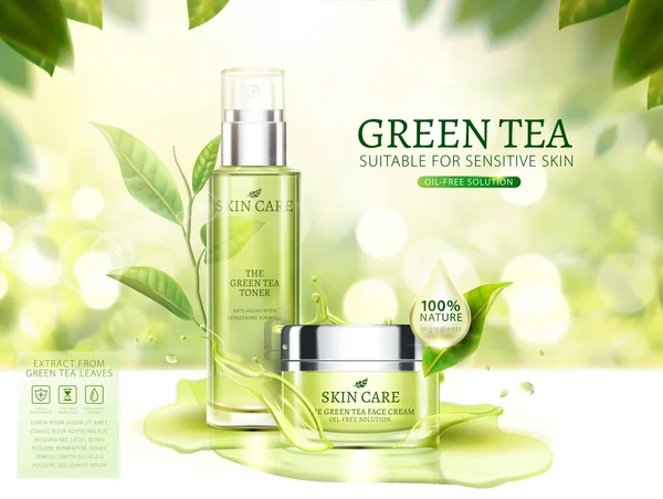 Groene Thee Skincare Advertenties Met Crème Kruik Spray Fles Illustratie — Stockvector