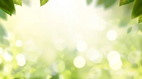 Glittering Nature Bokeh Background Green Leaves Frame Illustration — Stock Vector