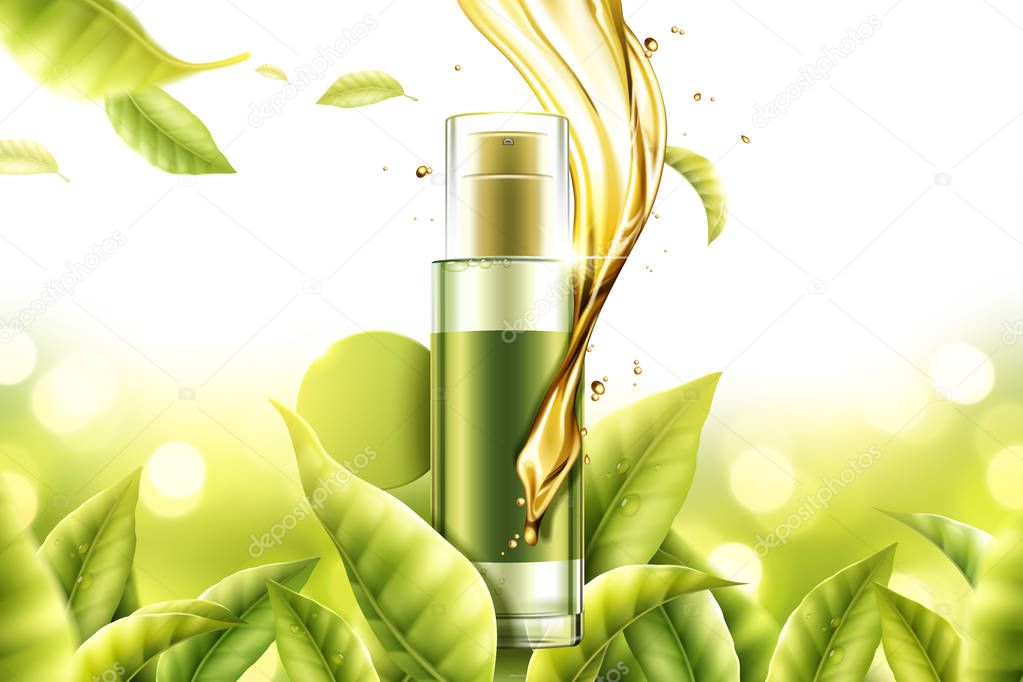 Green tea essence product with swirling serum liquid and leaves in 3d illustration, nature bokeh background